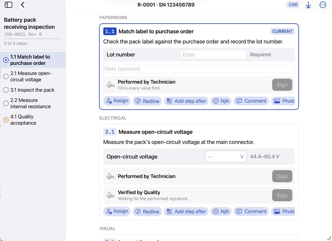 Hotfire on iPad running a battery pack receiving inspection: the current step asks for a lot number, the next for open-circuit voltage with limits of 44.4 to 50.4 volts, each with sign-off buttons.